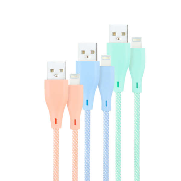 nanocable pack de 3 cables mallados usb a macho a lightning macho longitud 1m colores pastel rosa, verde y azul