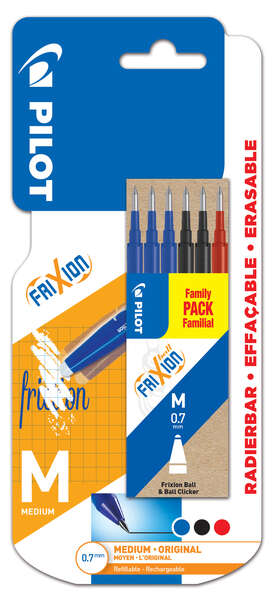pilot pack de 6 recambios para frixion ball y frixion clicker punta de bola redonda 0.7mm trazo 0.4mm colores: 3x azul, 2x negro y 1x rojo