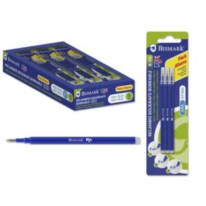 bismark fix pack de 3 recambios para boligrafo borrable punta fina 0.7mm color azul