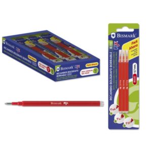 bismark fix pack de 3 recambios para boligrafo borrable punta fina 0.7mm color rojo