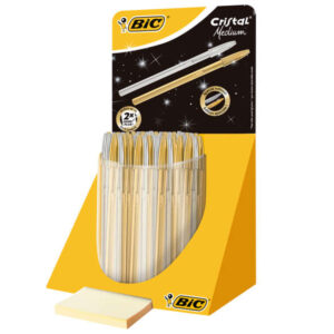 bic cristal linea celebration expositor de 40 boligrafos de bola con cuerpo dorado y plateado punta media de 1.0mm tinta con base de aceite color azul