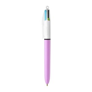 bic 4 colours fun boligrafo de bola retractil punta media de 1.0mm tinta con base de aceite tinta de colores: rosa, morado, turquesa y verde lima cuerpo lila/blanco