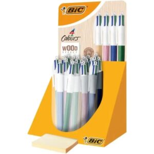 bic 4 colours wood style expositor de 30 boligrafos de bola retractiles punta media de 1.0mm tinta con base de aceite diseño madera 4 colores
