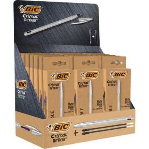 bic cristal re´new expositor con 21 packs de boligrafo de bola con cuerpo metalico + 2 recambios incluye 50 bic cristal azul de regalo 15 tinta azul y 6 tinta negra punta media de 1.0mm tinta con base de aceite color azul