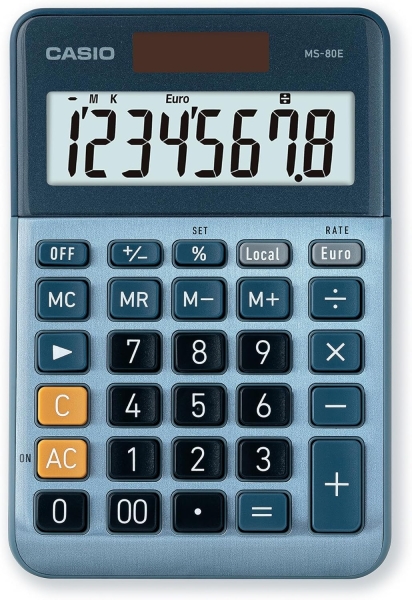 casio ms80e calculadora de escritorio 8 digitos tecla doble cero simbolos de comando de funcion calculo avanzado de porcentaje alimentacion solar y pilas color azul