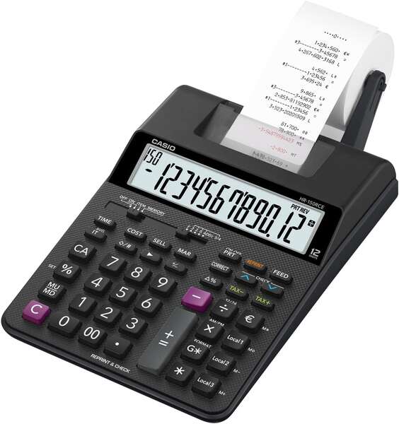 casio hr150rce calculadora impresora de sobremesa pantalla de 12 digitos anchura del papel 58mm imprime hora y fecha alimentacion con pilas