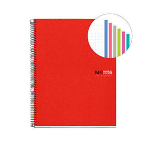 miquel rius notebook6 cuaderno de espiral formato a4 150 hojas de 70gr microperforadas con 2 taladros cubiertas de polipropileno cuadricula 5x5 color rojo