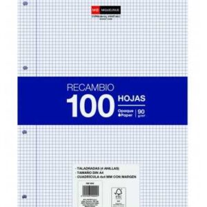 miquel rius recambio formato a4 100 hojas sueltas de 90gr con 4 taladros cuadricula 4x4 con margen