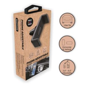 techonetech soporte de coche para smartphones de 3.5" hasta 6.5" mecanismo de pinza posicion horizontal y vertical fijacion a salida de ventilacion