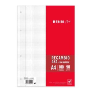 enri plus recambio formato a4 cuadriculado 4x4mm 4 taladros 100 hojas 90gr con margen