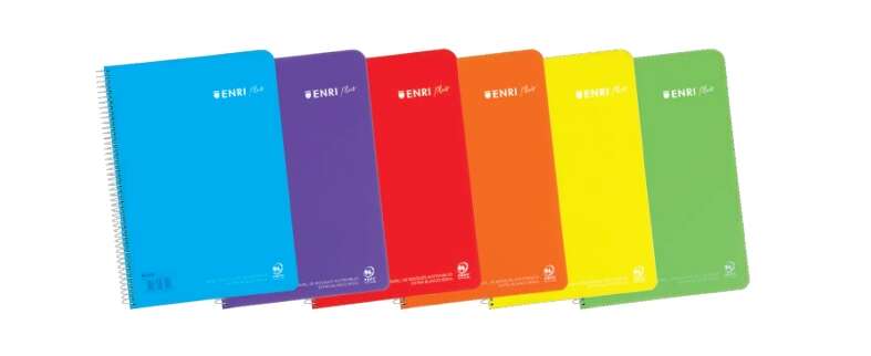 enri plus cuaderno espiral formato folio pautado 2.5mm 80 hojas 90gr con margen cubierta de plastico colores surtidos