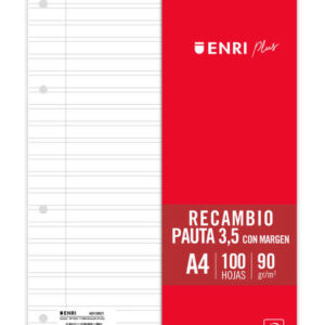 enri plus recambio formato a4 pautado 3.5mm 4 taladros 100 hojas 90gr con margen