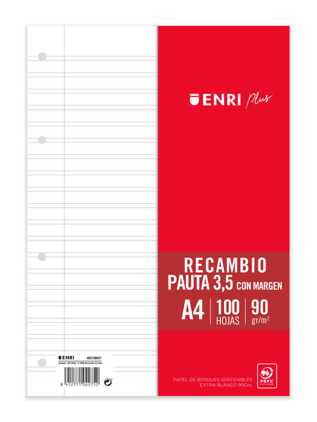 enri plus recambio formato a4 pautado 3.5mm 4 taladros 100 hojas 90gr con margen