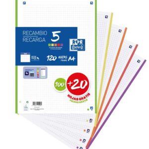 oxford 5 recambio de 120 hojas formato a4 cuadriculado 5x5mm 4 taladros banda de 5 colores vivos