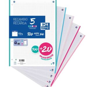 oxford 5 recambio formato a4 cuadriculado 5x5mm 4 taladros 100 hojas + 20 gratis banda de 5 colores pastel