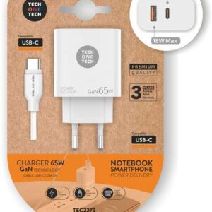 techonetech cargador de pared gan pd 3.0 65w para portatiles y smartphones cable usb c a usb c 1m