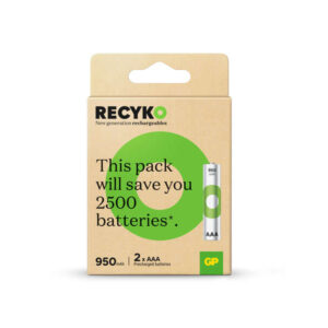 gp recyko pack de 2 pilas recargables 950mah aaa 1.2v precargadas ciclo de vida: hasta 1.000 veces