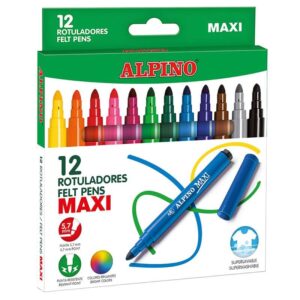 alpino maxi pack de 12 rotuladores gruesos punta de 6mm superlavables, resistentes, duraderos y de colores brillantes ideal para uso escolar colores surtidos