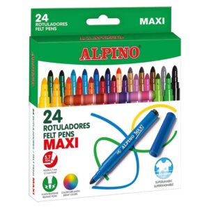 alpino maxi pack de 24 rotuladores gruesos punta de 6mm superlavables, resistentes, duraderos y de colores brillantes ideal para uso escolar colores surtidos