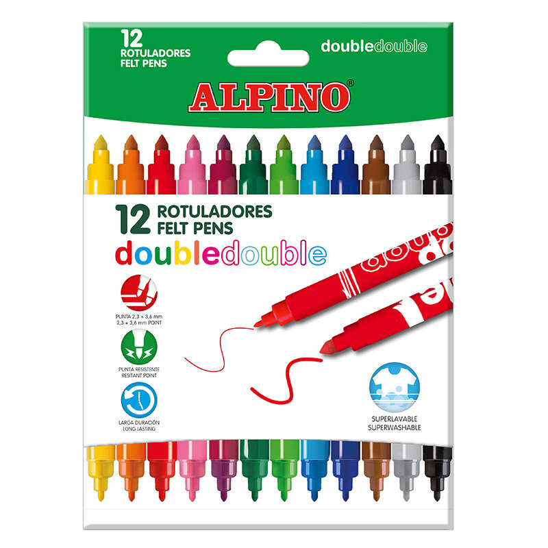 alpino double double pack con 12 rotuladores doble punta punta gruesa 3.6mm y fina 2.3mm tinta superlavable ideal para trabajos escolares y dibujos colores surtidos