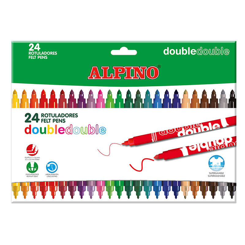 alpino double double pack con 24 rotuladores doble punta punta gruesa 3.6mm y fina 2.3mm tinta superlavable ideal para trabajos escolares y dibujos colores surtidos
