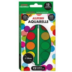 alpino pack de 12 acuarelas 28mm diametro colores intensos incluye pincel colores surtidos
