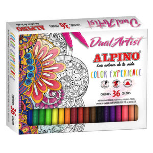 alpino dual artist color experience pack de 36 rotuladores doble punta (fina de 0.7mm y pincel de 2.9mm) forma triangular ergonomica colores surtidos