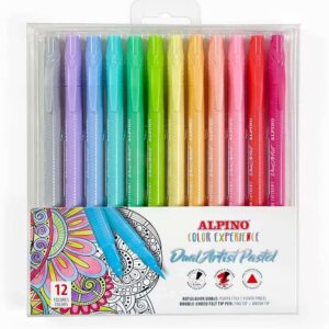 alpino color experience pack de 12 rotuladores pastel doble punta forma triangular ergonomica puntas fine liner de 0.7mm y pincel de 2.9mm colores surtidos
