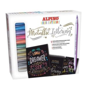 alpino color experience kit de iniciacion al lettering con 12 rotuladores metalicos de doble punta, punta fina y punta pincel + 1 bloc de papel negro especial lettering + 1 guia con 20 patrones colores surtidos