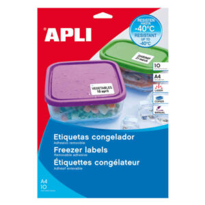 apli pack de 650 etiquetas especiales para congelador 38.1x21.2mm 10 hojas por 65 etiquetas adhesivo removible resistente hasta 40º cantos rectos color blanco
