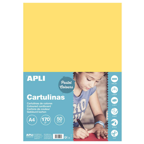 apli pack de 50 cartulinas a4 170 g/m² color amarillo claro