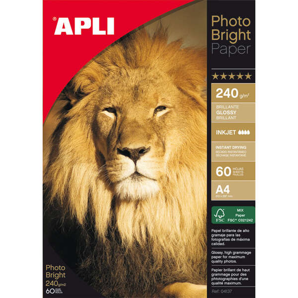 apli pack de 60 hojas de papel fotografico photobright a4 240g/m² acabado brillante