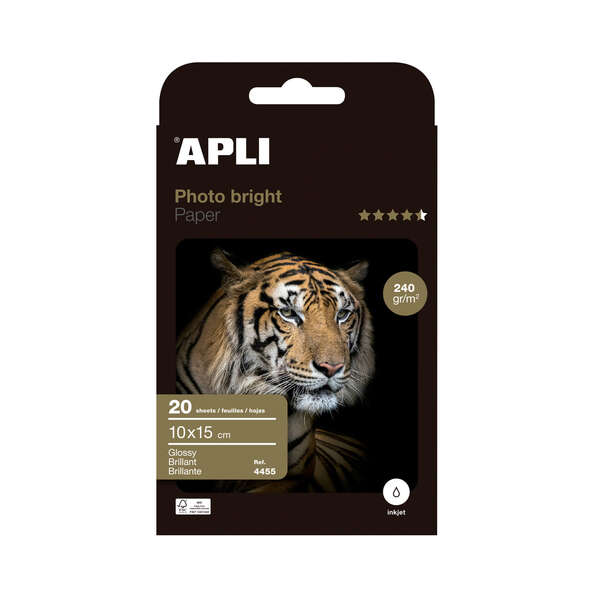apli photobright pack de 20 hojas de papel fotografico 10x15cm 240g/m² acabado brillante apto para impresoras inkjet