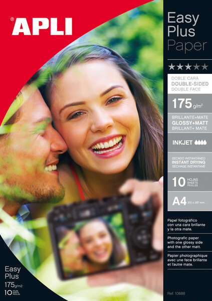 apli pack de 10 hojas papel fotografico photobright doble cara a4 175g brillante en una cara y mate en la otra indicado para impresoras fotograficas