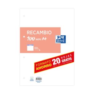 oxford classic recambio de 100 hojas sueltas a4 liso 4 taladros