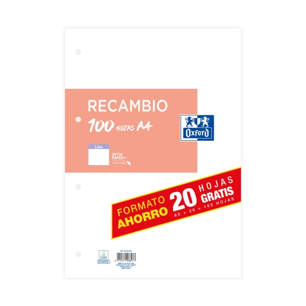 oxford classic recambio de 100 hojas sueltas a4 liso 4 taladros
