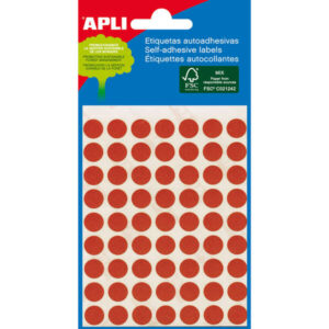 apli minibolsa de 288 etiquetas redondas Ø 8mm 3 hojas por 96 etiquetas adhesivo permanente color rojo