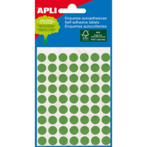apli minibolsa de 288 etiquetas redondas Ø 8mm 3 hojas por 96 etiquetas adhesivo permanente color verde