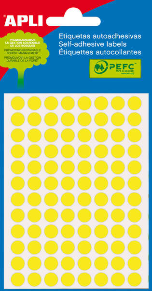apli minibolsa de 288 etiquetas redondas Ø 8mm 3 hojas por 96 etiquetas adhesivo permanente color amarillo fluor