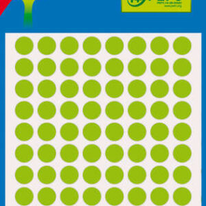apli minibolsa de 288 etiquetas redondas Ø 8mm 3 hojas por 96 etiquetas adhesivo permanente color verde fluor