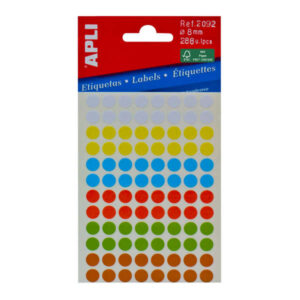 apli minibolsa de 288 etiquetas redondas Ø 8mm 3 hojas por 96 etiquetas adhesivo permanente colores surtidos