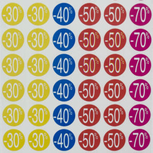 apli pack de 240 etiquetas de descuento 30%, 40%, 50%, 70% tamaño Ø 24mm forma redonda colores amarillo, azul, rojo y fucsia