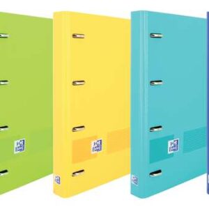 oxford europeanbinder live & go carpeta de 4 anillas formato a4+ con recambio cuadriculado 5x5mm y 4 taladros tapa de plastico resistente cierre con goma elastica colores surtidos