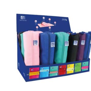 oxford kangoo teens expositor de 24 estuches (12 rectangulares medianos, 12 redondos pequeños) goma elastica para unirlo al cuaderno colores surtidos