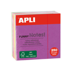 apli mini cubo con 250 notas adhesivas funny 51x51mm 5 colores surtidos fluorescentes divertidas y practicas