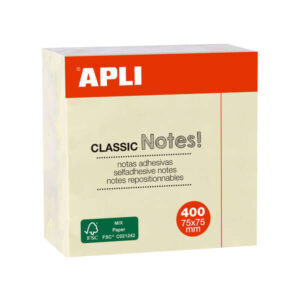 apli notas adhesivas classic 75x75mm cubo de 400 hojas adhesivo de calidad facil de despegar amarillo