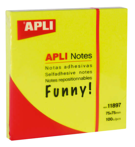 apli notas adhesivas funny 75x75mm bloc de 100 hojas adhesivo de calidad facil de despegar color amarillo fluorescente