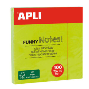 apli notas adhesivas funny 75x75mm bloc de 100 hojas adhesivo de calidad facil de despegar color verde fluorescente