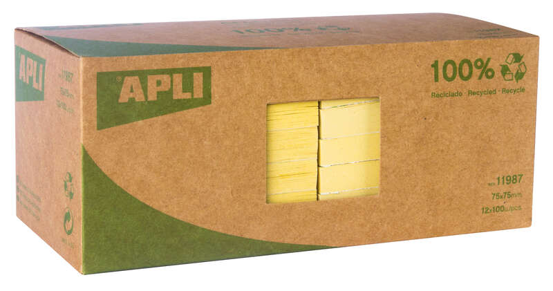 apli notas adhesivas recicladas classic 75x75 12 blocs de 100 hojas adhesivo de calidad papel reciclado amarillo