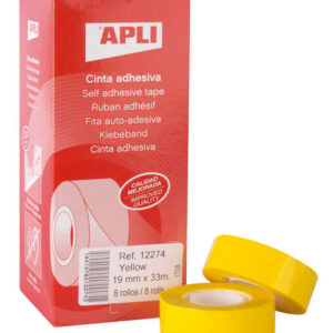 apli cinta adhesiva polipropileno 19mm x 33m resistente al agua y a la intemperie facil de cortar con las manos ideal para etiquetar y marcar color amarillo